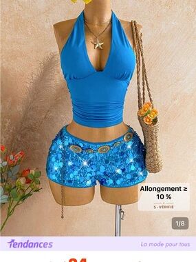 SHEIN Bright Blue Halter Top & Sequin Skort Set